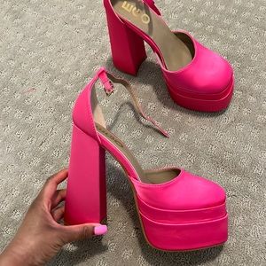 Pink Satin Platform Heels Closed Toe